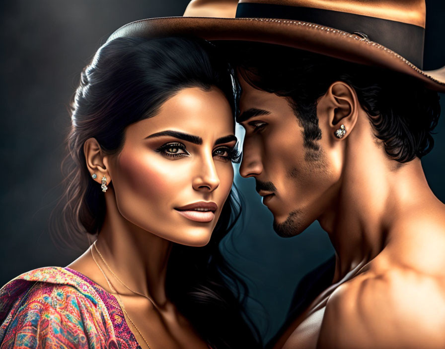 Intense gaze between man in hat and woman with earrings on dark background