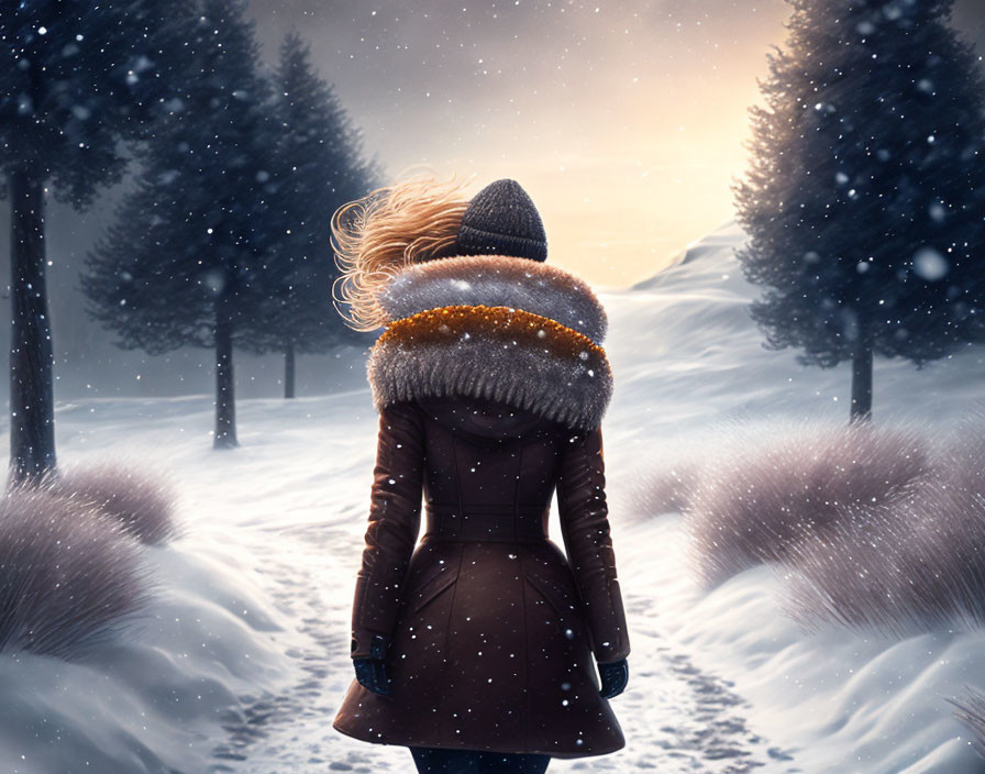 Woman in winter coat and beanie walking on snow-covered path at twilight