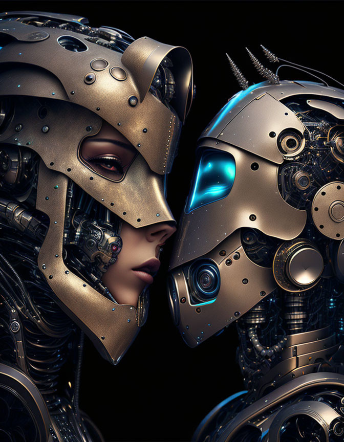 Detailed Robotic Faces with Intricate Designs and Blue Light