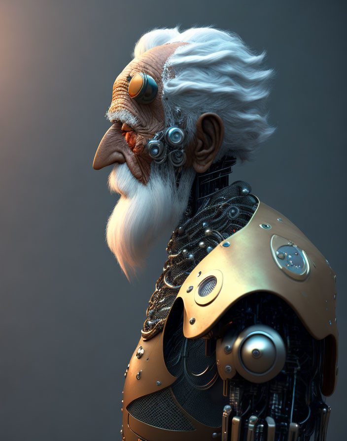 Elderly man with white hair and steampunk-style goggles and mechanical body