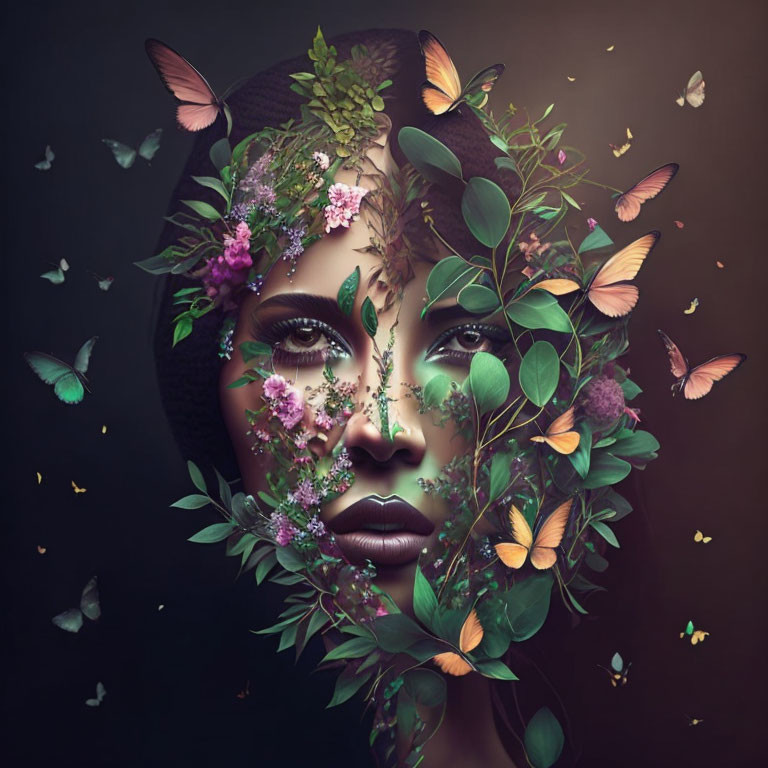 Digital artwork: Woman's face merges with nature, adorned with flowers, leaves, and butterflies on dark