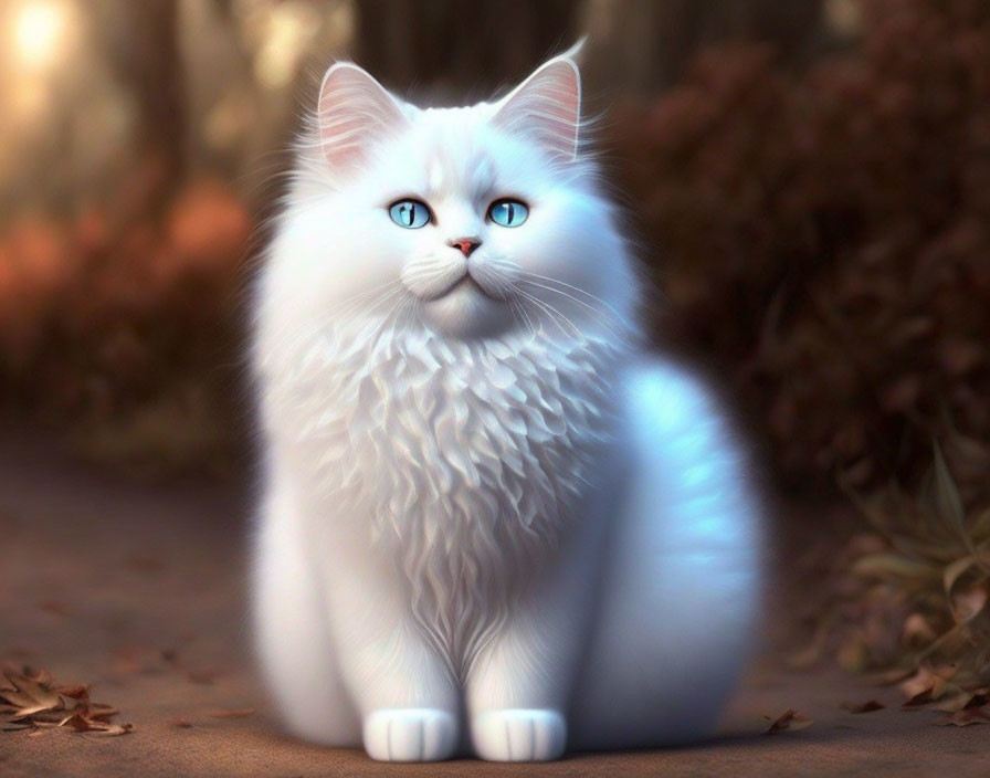 Fluffy White Cat with Striking Blue Eyes on Path with Fallen Leaves