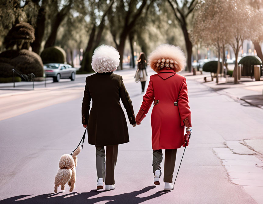 Two stylish women with voluminous white hair walking a small fluffy dog on city street.