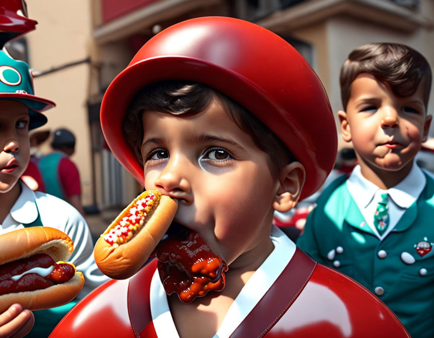 Detailed figurines of children in red hats and green outfits eating hot dogs on a street.