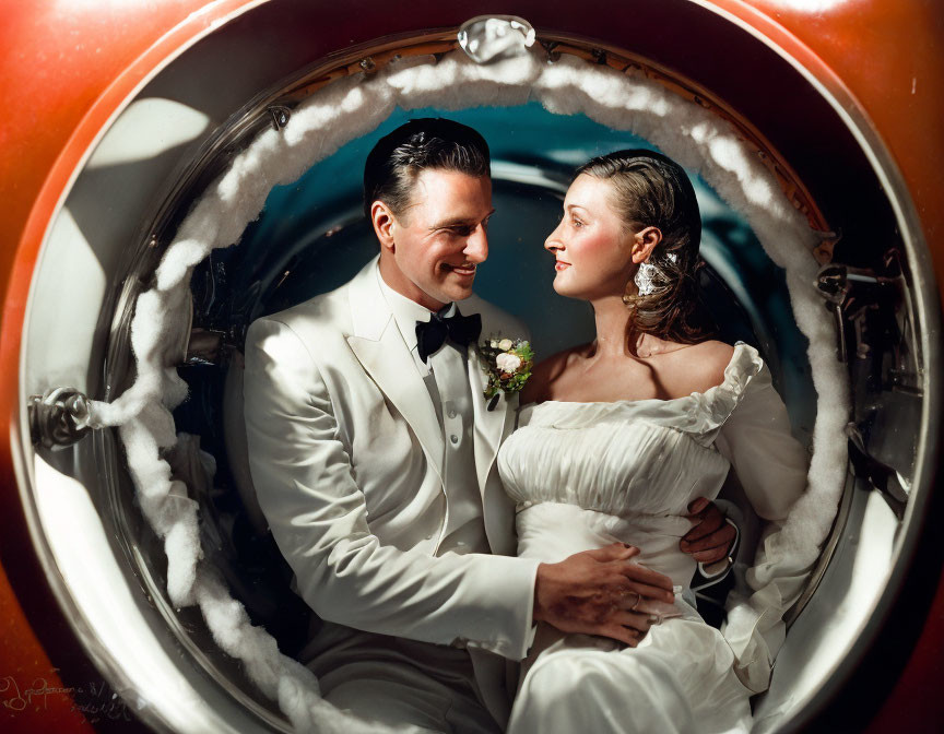 Formal Couple Embracing in Round Window Frame