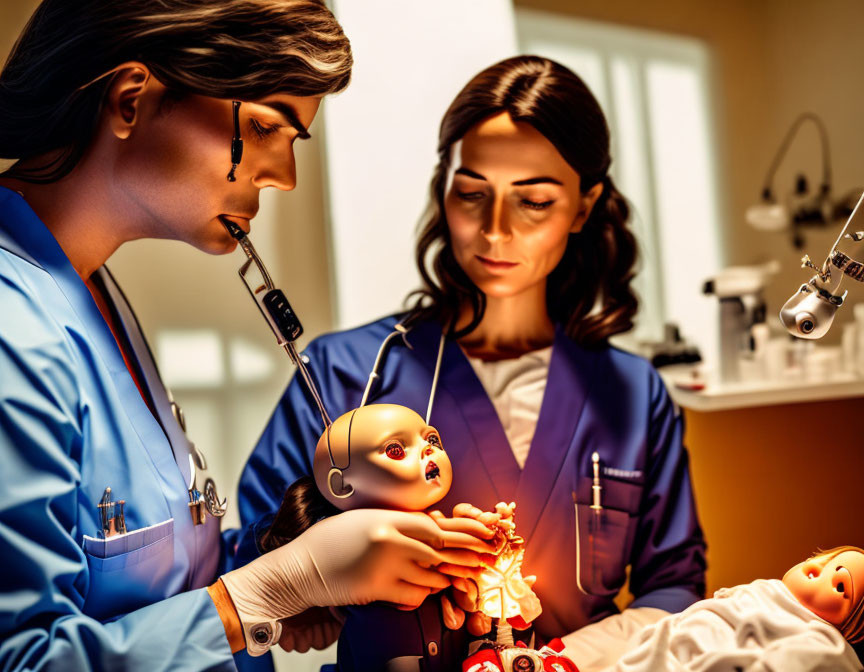 Healthcare Professionals in Scrubs Examining Baby Mannequin in Simulation Training