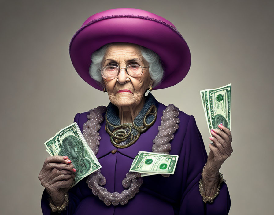 Elderly woman in purple hat and glasses holding dollar bills on gray background