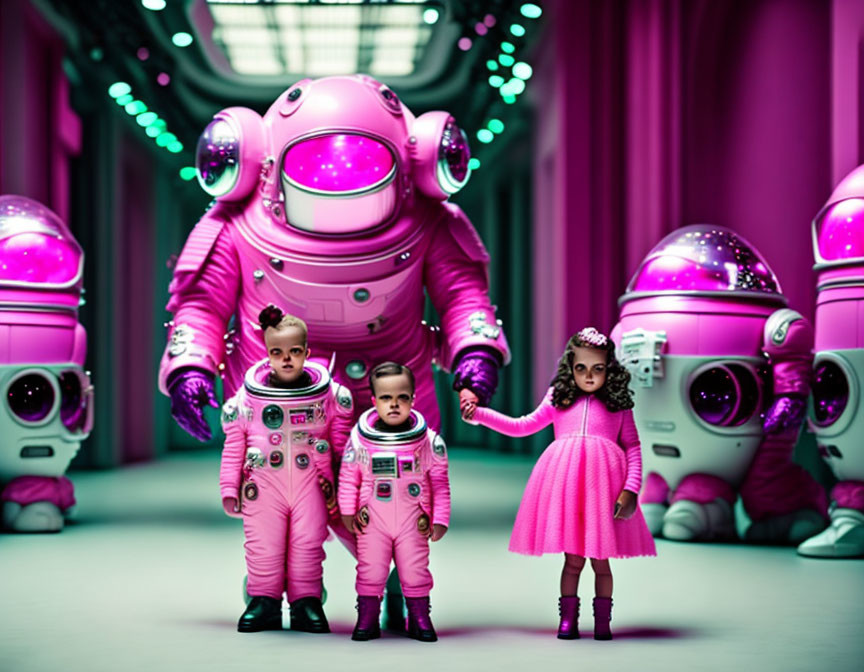 Children in astronaut suits with robots in futuristic pink-lit corridor