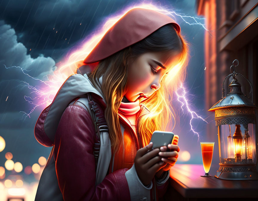 Young girl in red hat and jacket on smartphone with lantern glow and lightning in background