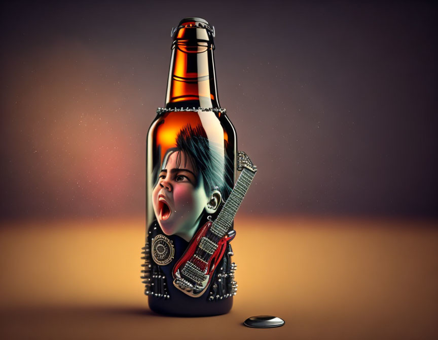 Illustration of fierce face on beer bottle with electric guitar and mechanical elements on gradient background