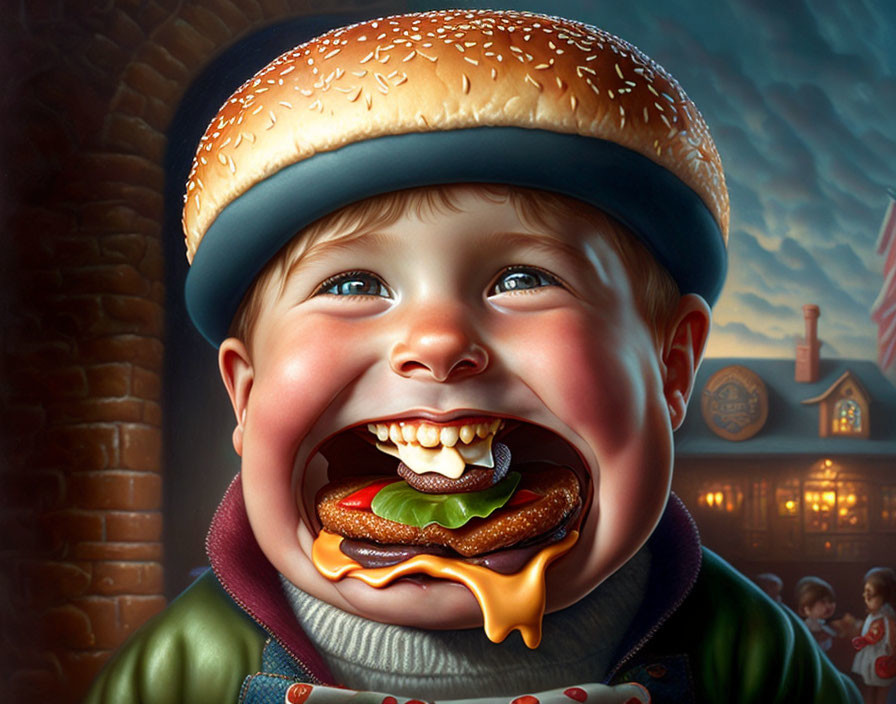 Surreal illustration of child with burger mouth against cozy street backdrop