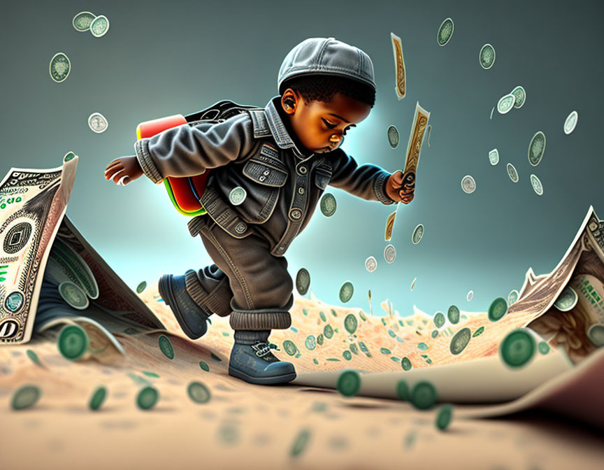 Illustration of young boy with backpack surrounded by floating coins and banknotes