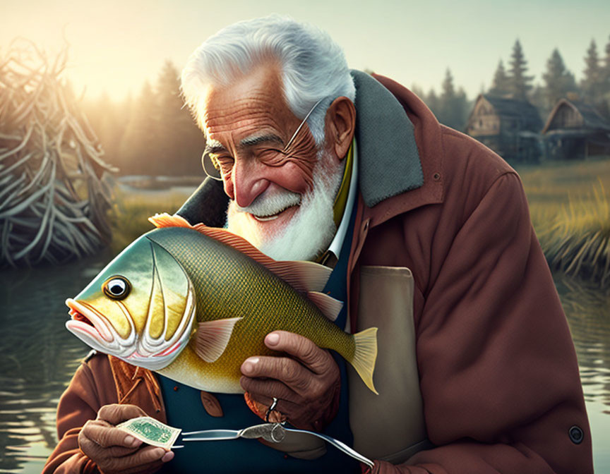 Elderly man with white beard holding large fish by serene lake