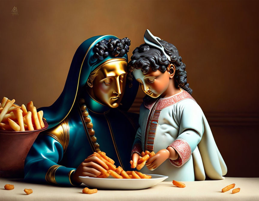 Digital artwork of two statue figures sharing fries on a plate.