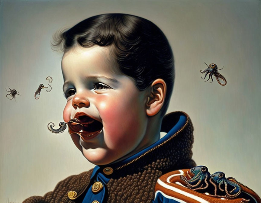 Surreal painting of child with exaggerated features and fantastical creatures
