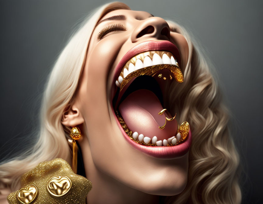 Woman with Golden Teeth Caps and Jewelry Laughing Uproariously