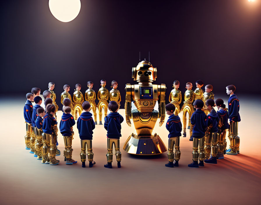 Children in uniforms stand before central robot with golden robots under spotlight