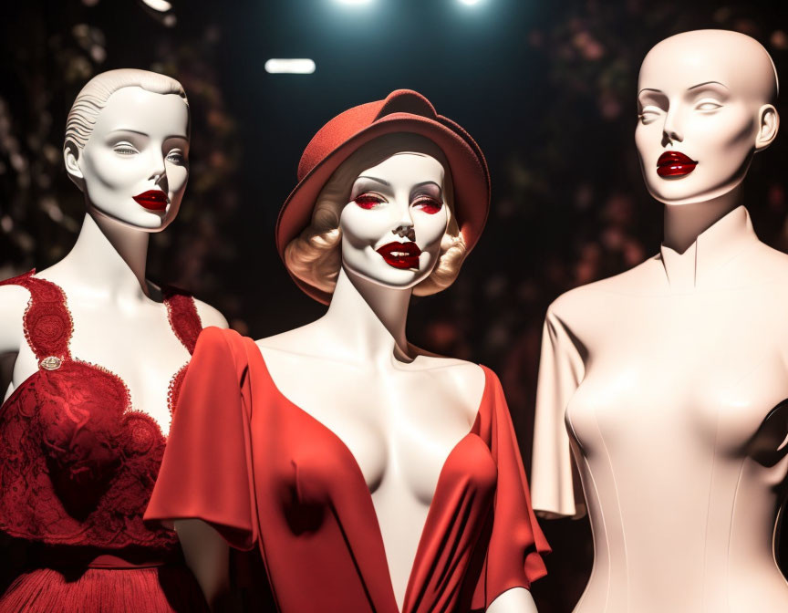 Stylish mannequins in red attire under dim lighting