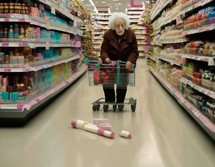 Elderly woman with shopping cart surveys spilled items in grocery store aisle