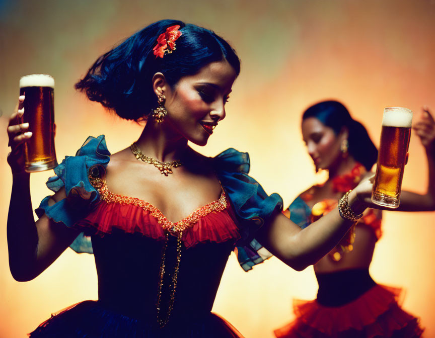 Two women in flamenco-style dresses with beer glasses on warm backdrop