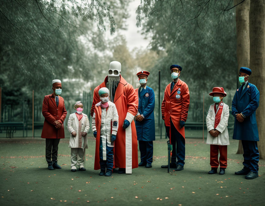 Group of People in Various Costumes Outdoors with Masks Creating Surreal Scene