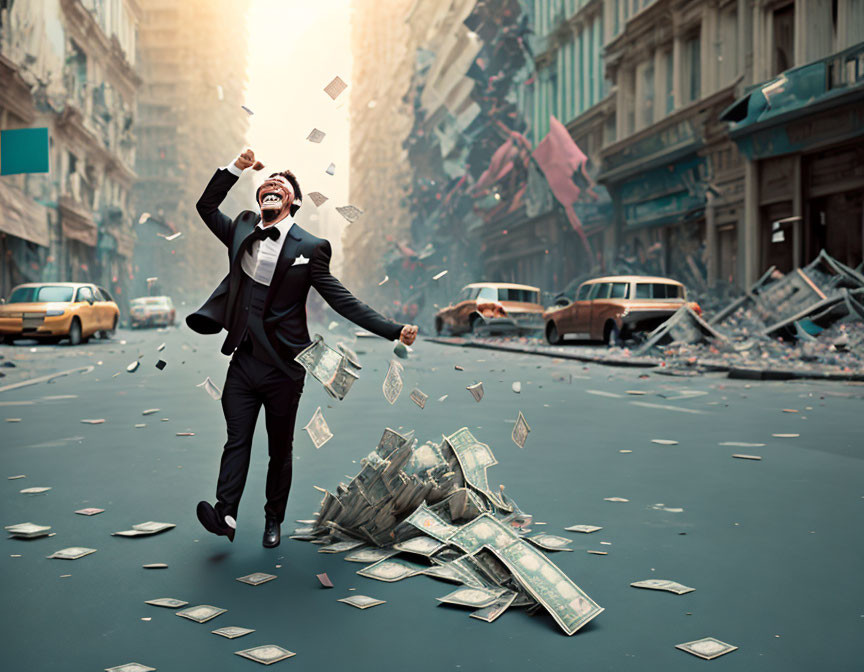 Man in suit throws money on chaotic city street with damaged buildings