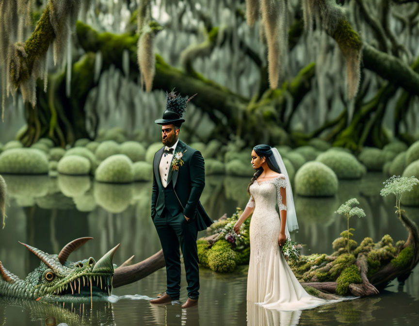 Wedding couple with fantasy dragon in mystical forest setting