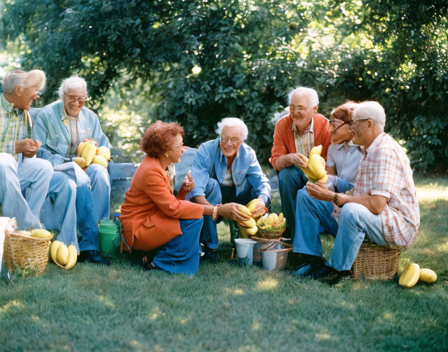 Group of Elderly Friends Enjoying Fresh Corn Outdoors