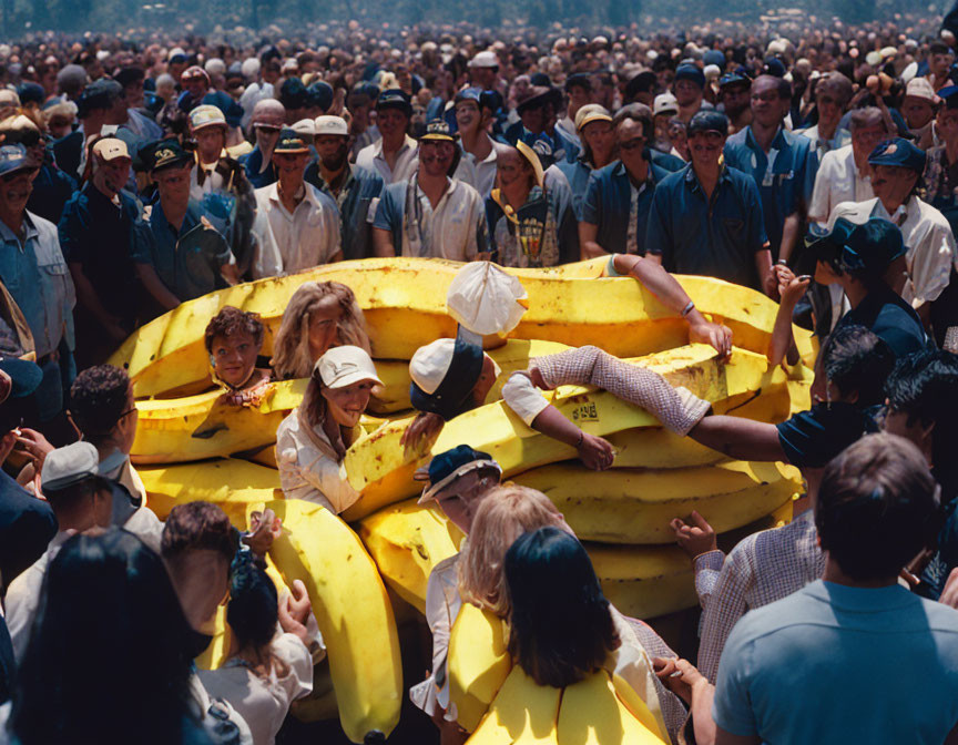 Group in Banana Costumes with Large Artificial Banana Bunch