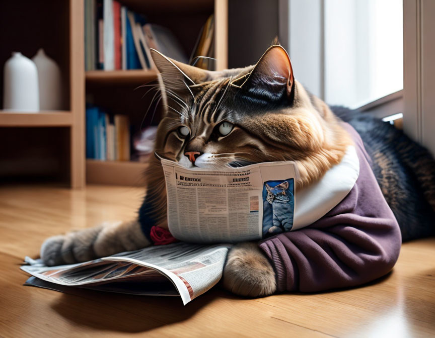 Cat in sweater reading newspaper on wooden floor near bookshelf