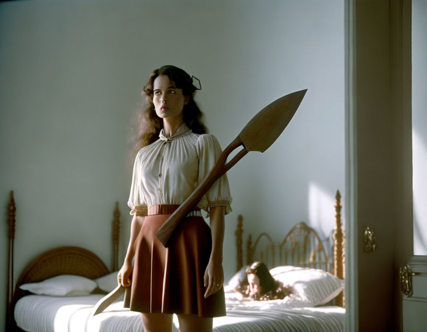 Woman holding wooden oar near figure on bed in soft light