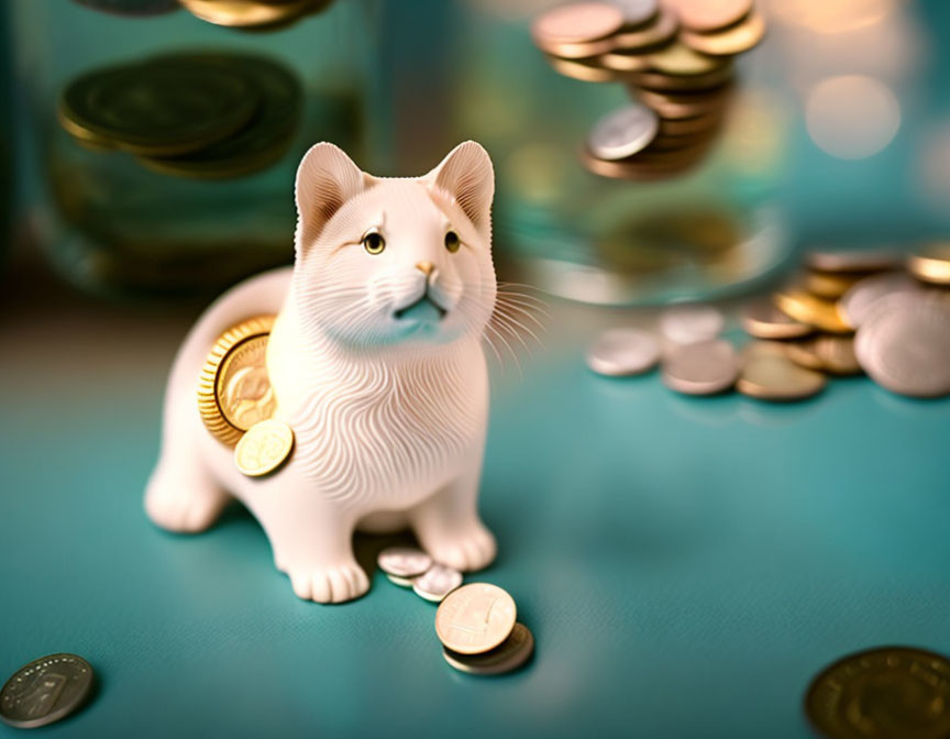 Porcelain cat figurine with coins on teal background surrounded by jars.