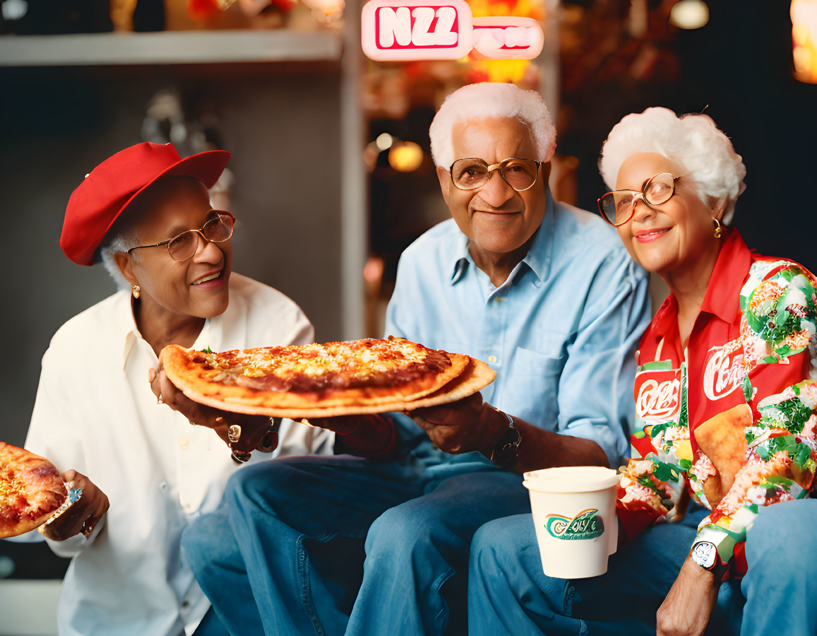 Elderly people in festive outfits with pizzas by restaurant window