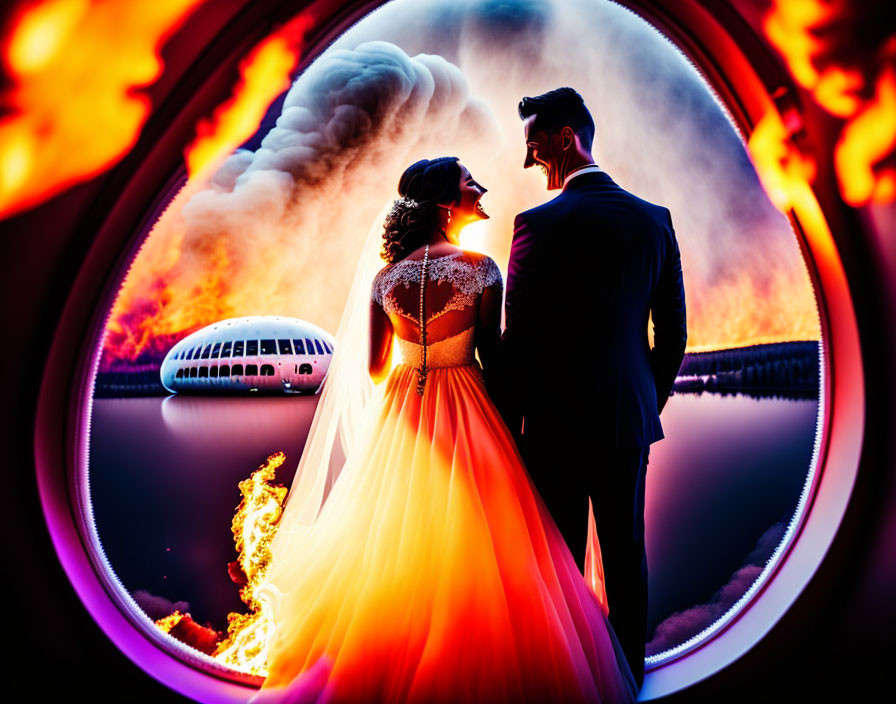 Couple in Wedding Attire Surrounded by Surreal Fiery Scene with Plane and Smoke Reflections