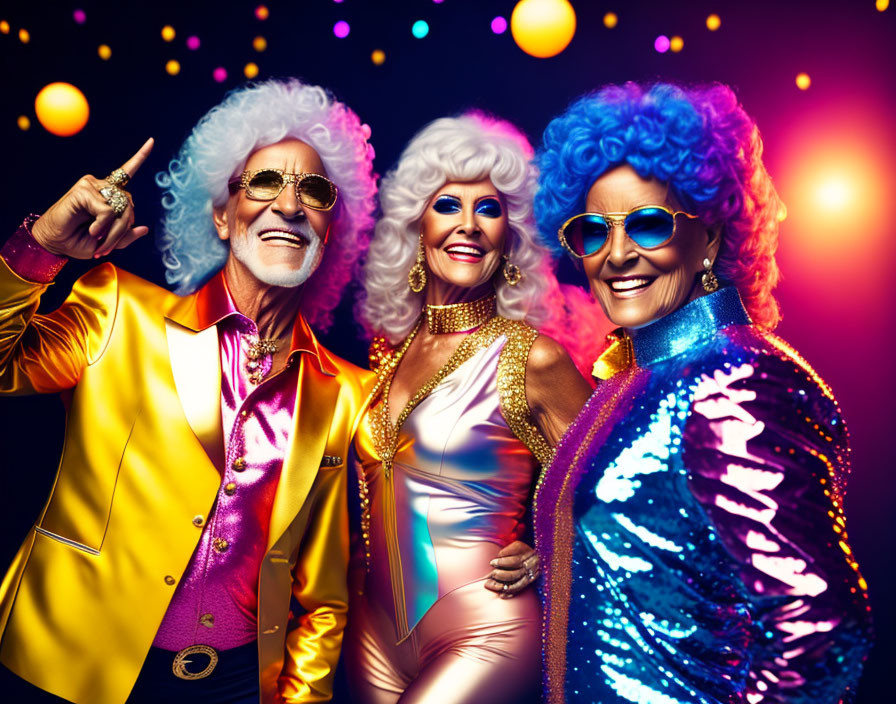 Colorful senior adults in retro disco outfits and wigs pose confidently in vibrant setting