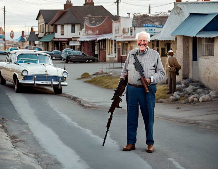 Elderly man smiling with rifles in street scene