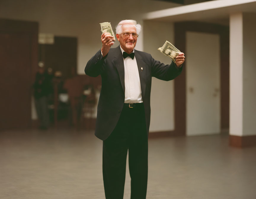 Elderly man in suit smiling with two stacks of money in hand