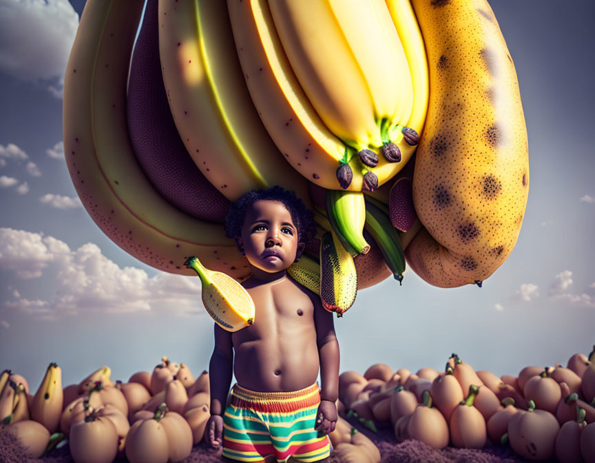 Child surrounded by oversized bananas and squash under cloudy sky