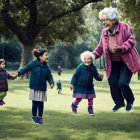 Elderly woman and three children jumping in sunny park