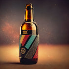 Illustration of fierce face on beer bottle with electric guitar and mechanical elements on gradient background