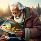 Elderly man with white beard holding large fish by serene lake