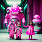 Children in astronaut suits with robots in futuristic pink-lit corridor