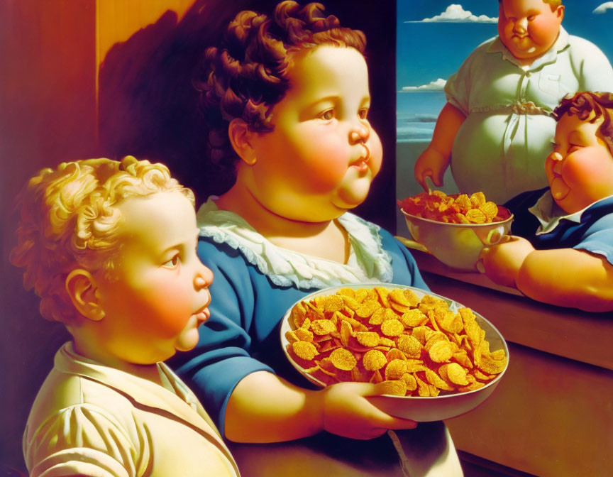 Vibrant painting of three chubby children with cereal on beach
