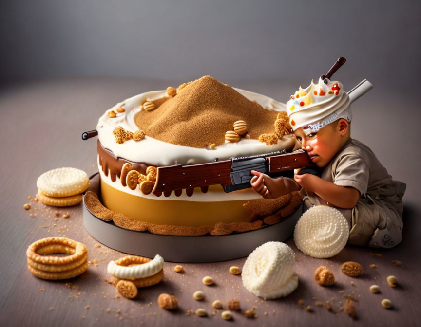 Sandbox-themed cake with fondant child figure and toy rifle in cookie "sand