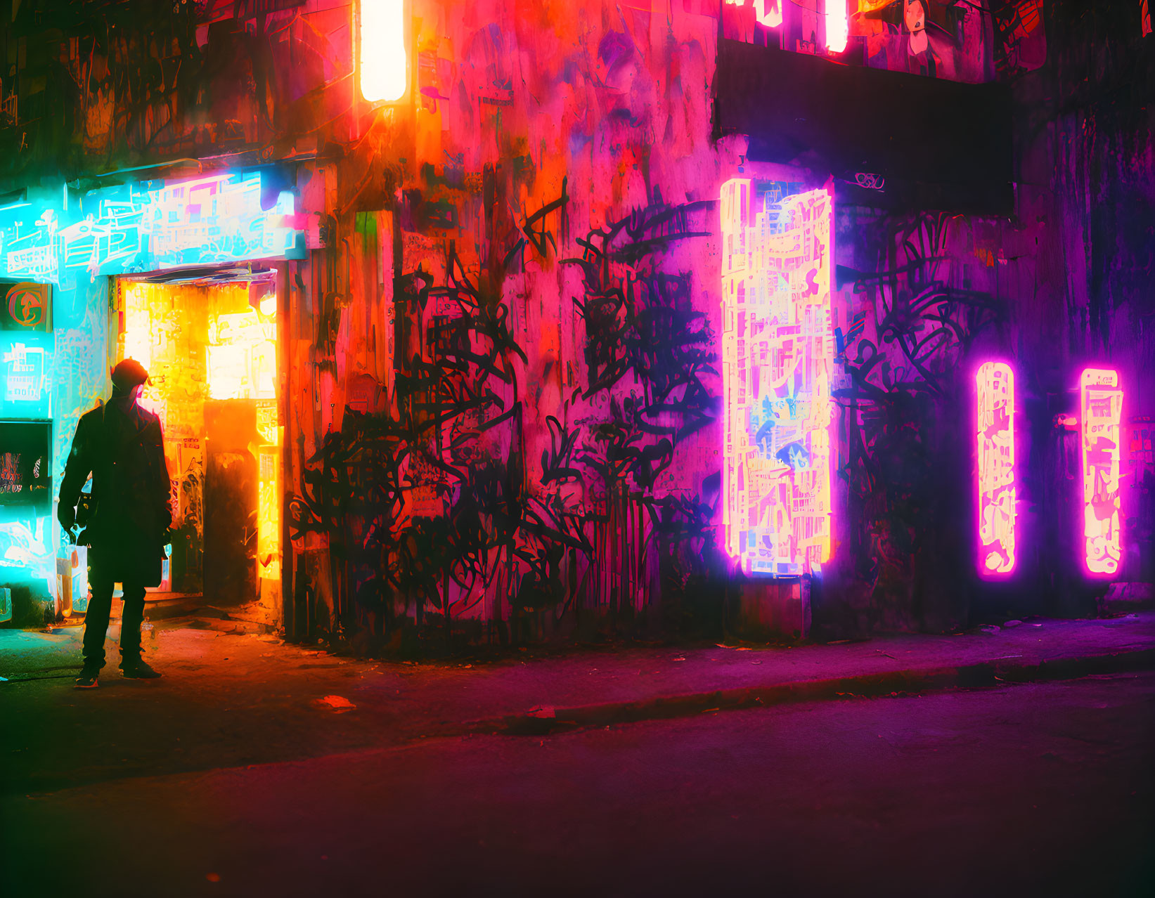 Silhouette person in neon-lit cyberpunk alleyway