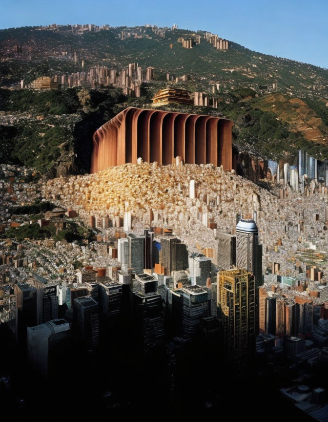 Large ribbed structure blending with cityscape and hills in image