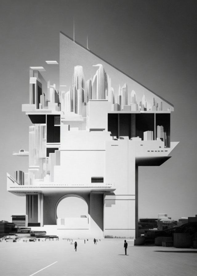 Futuristic black and white architectural model with cantilevered structure