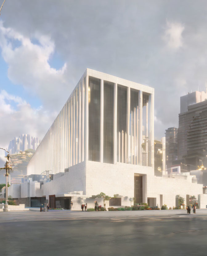 Contemporary building with vertical fins in soft light among greenery and people in urban setting.