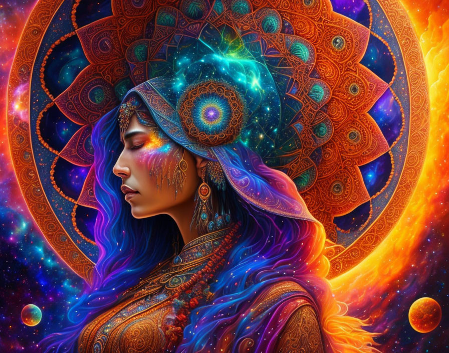 Colorful digital artwork of a serene woman with cosmic jewelry and headdress, surrounded by celestial mandal