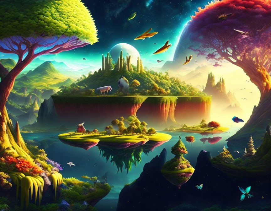 Colorful fantasy landscape with floating islands, waterfalls, animals, and a large moon.